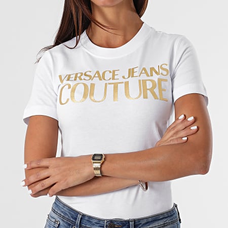 Versace Jeans Couture - Tee Shirt Femme Logo Foil Blanc Doré