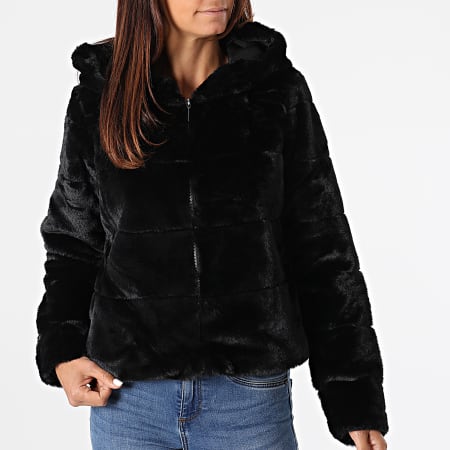 Only - Giacca con zip e cappuccio in pelliccia nera da donna