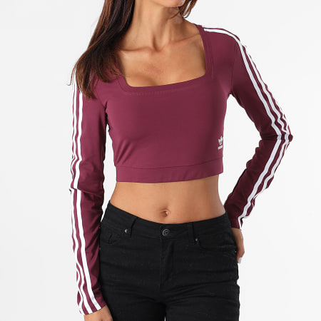 Adidas Originals - Tee Shirt Manches Longues Crop Femme A Bandes H37765 Violet