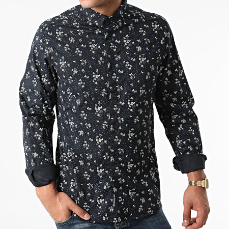 American People - Chemise Manches Longues Floral Create Bleu Marine