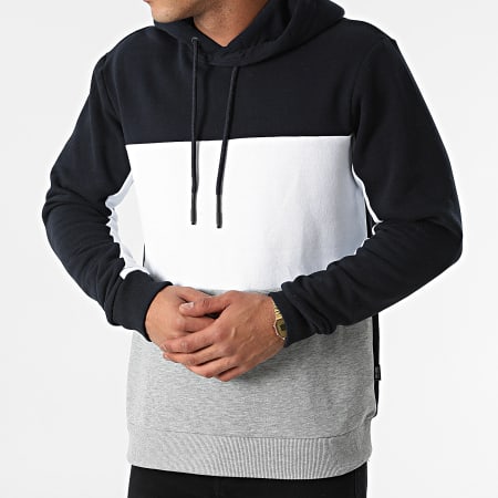 Only And Sons - Sweat Capuche Flin Life Colorblock Gris Chiné Blanc Bleu Marine