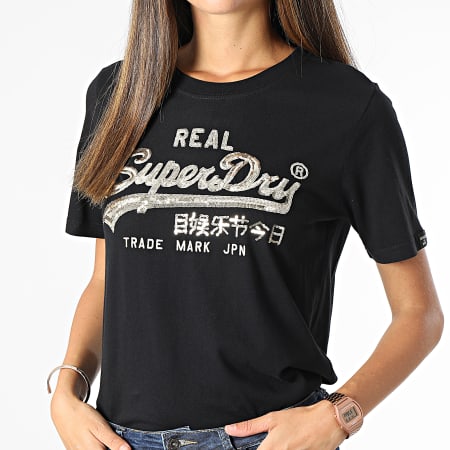 Superdry - Tee Shirt Femme Vintage Label Boho Sparkle Noir