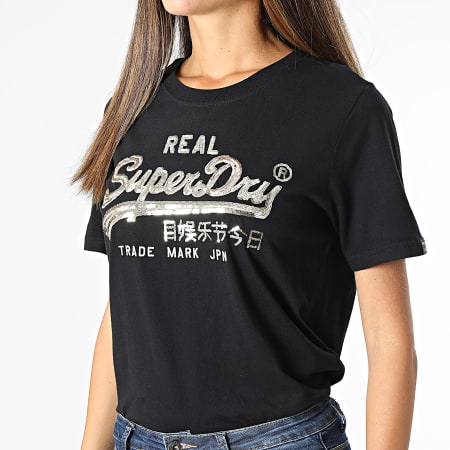 Superdry - Tee Shirt Femme Vintage Label Boho Sparkle Noir