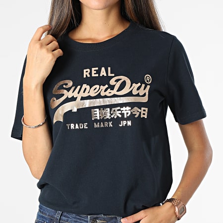 Superdry - Tee Shirt Femme Vintage Label Boho Sparkle Bleu Marine