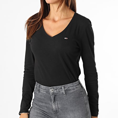 Tommy Jeans - Tee Shirt Manches Longues Jersey Femme V-Neck 9101 Noir