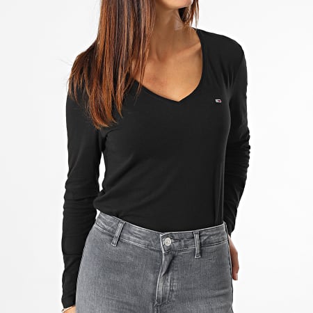Tommy Jeans - Tee Shirt Manches Longues Jersey Femme V-Neck 9101 Noir