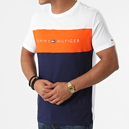 Tommy Hilfiger - Tee Shirt Logo Flag 1170 Blanc Bleu Marine Orange