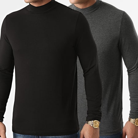LBO - Lote de 2 camisetas lisas de manga larga con cuello alzado 2084 negro antracita