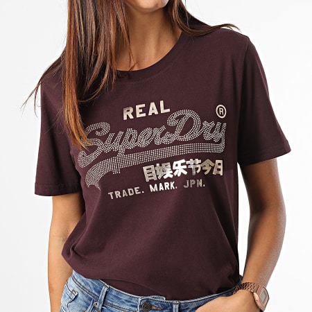 Superdry - Tee Shirt Femme Vintage Label Boho Sparkle Bordeaux