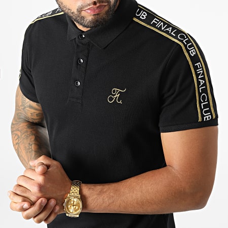 Final Club - Polo Luxury Edition A Bandes Avec Broderie Or 787 Noir