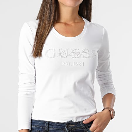 Guess - Tee Shirt Manches Longues Femme Strass W1BI03-J1311 Blanc