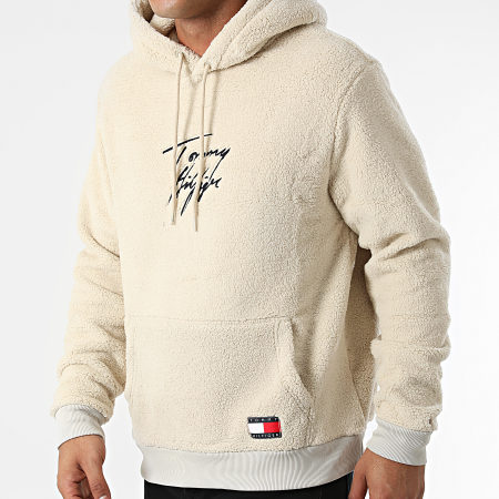 Tommy Hilfiger 85 Teddy Fluffy Logo Hoodie In Cream Teddy Hoodie