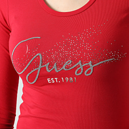 Guess - Camiseta de manga larga con diamantes de imitación para mujer W2RI32 rojo plateado