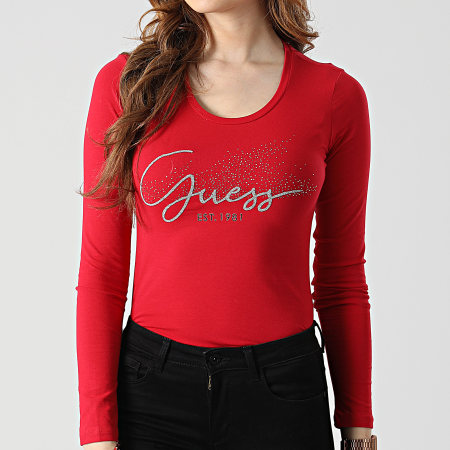 Guess - Camiseta de manga larga con diamantes de imitación para mujer W2RI32 rojo plateado