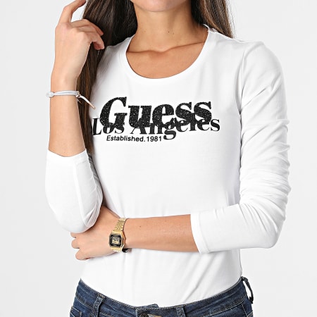 Guess - Tee Shirt Manches Longues Femme W2RI31 Blanc