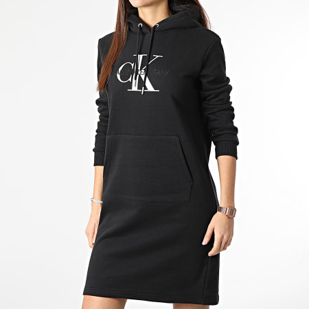 Calvin Klein - Vestido tipo sudadera con capucha y monograma brillante para mujer 7424 Black Silver
