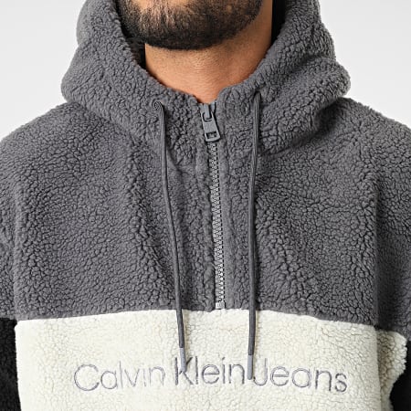 Calvin Klein Sweat Col Zippe Capuche Polaire Sherpa Blocking 9924 Gris Noir LaBoutiqueOfficielle