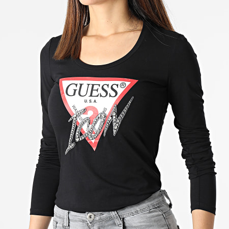 Guess - Tee Shirt Manches Longues Femme Strass W2RI19-J1311 Noir