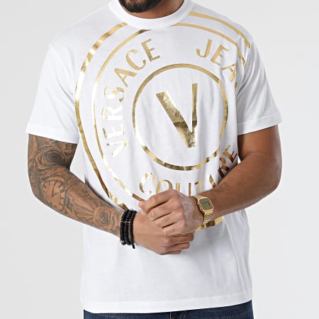 Versace Jeans Couture - Tee Shirt Centered Vemblem 72GAHT16 Blanc Doré