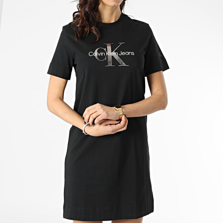 Calvin Klein - Vestido de camiseta con monograma de bronce de cañón para mujer 7755 Negro