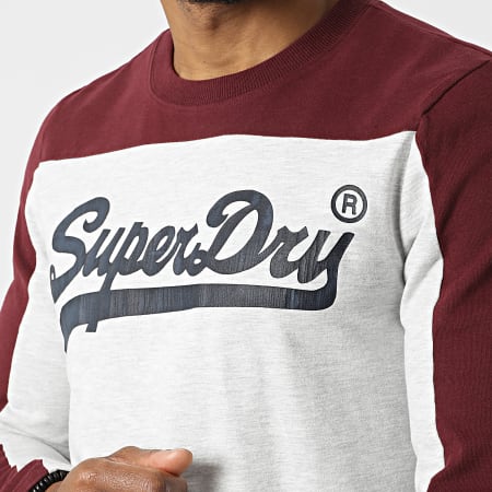 Superdry - Tee Shirt Manches Longues College Vintage Logo Gris Chiné Bordeaux