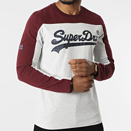 Superdry - Tee Shirt Manches Longues College Vintage Logo Gris Chiné Bordeaux