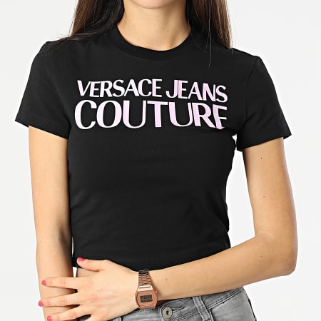 Versace Jeans Couture - Vestido tipo camiseta de mujer con logo holográfico negro iridiscente