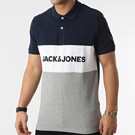 Jack And Jones - Polo a maniche corte Blocking Logo Navy Grey Heather White