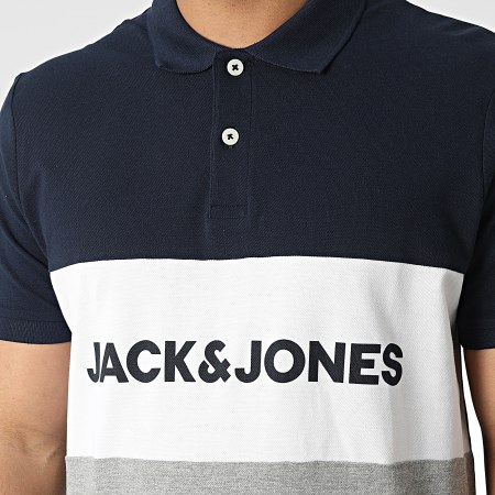 Jack And Jones - Polo Manches Courtes Logo Blocking Bleu Marine Gris Chiné Blanc