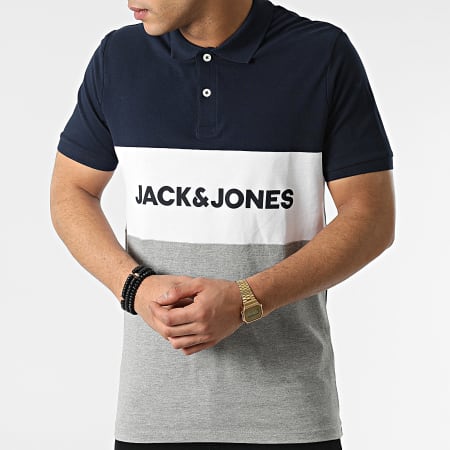 Jack And Jones - Polo Manches Courtes Logo Blocking Bleu Marine Gris Chiné Blanc