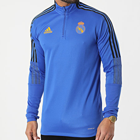 Adidas Sportswear - Tee Shirt Manches Longues Col Zippé A Bandes Real Madrid HA2584 Bleu Roi