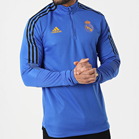 Adidas Sportswear - Tee Shirt Manches Longues Col Zippé A Bandes Real Madrid HA2584 Bleu Roi