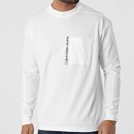 Calvin Klein - Insitucional Bolsillo de Temporada Camiseta Manga Larga 0206 Blanco