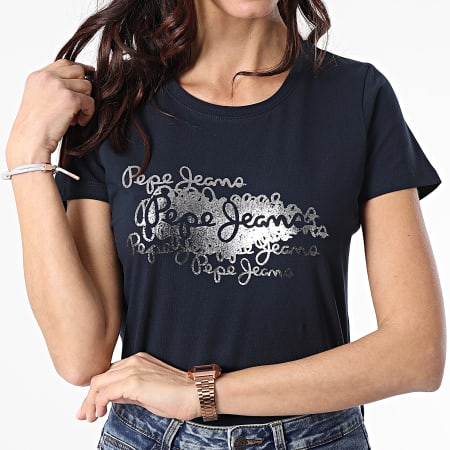 Pepe Jeans - Tee Shirt Femme Anna Bleu Marine Argenté