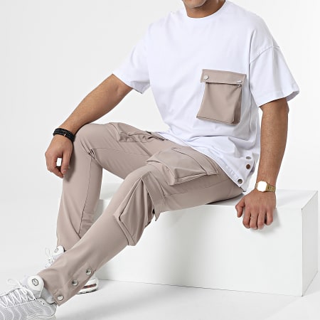 Ikao - LL603 Conjunto de camiseta con bolsillos y pantalón de chándal blanco beige