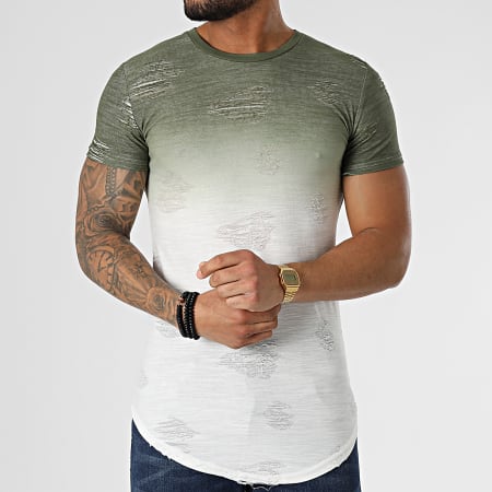 John H - Camiseta oversize T2072 Blanco Verde Caqui Degradado
