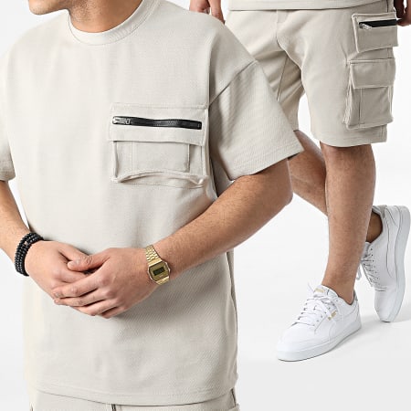 Ikao - LL605 Set di maglietta e pantaloncini cargo beige