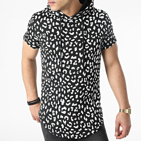 John H - T-shirt oversize con cappuccio leopardato DD33 nero