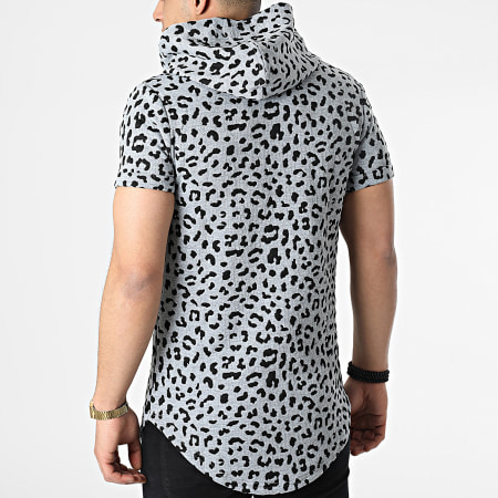 John H - T-shirt oversize con cappuccio leopardato DD33 Grigio