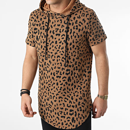 John H - Camiseta oversize con capucha de leopardo DD33 Marrón