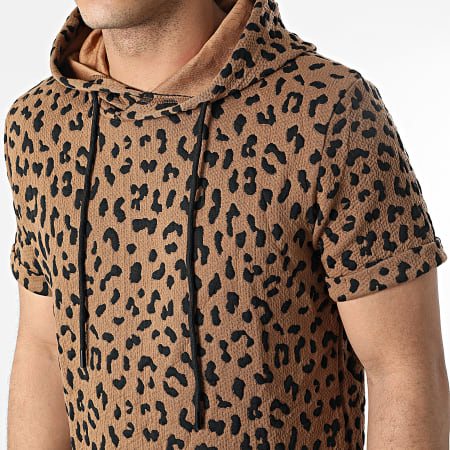 John H - T-shirt oversize con cappuccio leopardato DD33 Brown