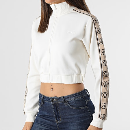 Guess Veste Zippée Femme Crop A Bandes V2GQ16 Beige