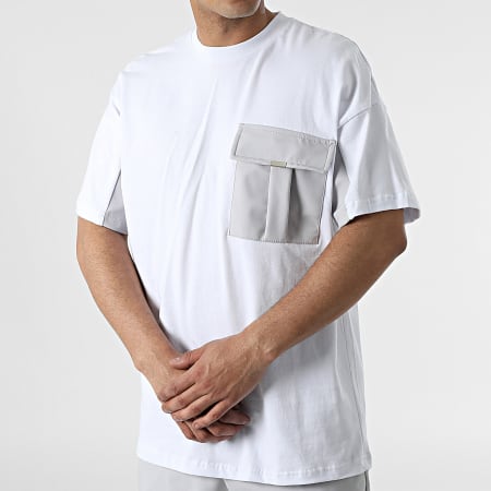 Ikao - LL615 Set di maglietta e pantaloni cargo con tasca sul petto di colore bianco e grigio