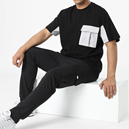 Ikao - LL615 Set di maglietta con tasca sul petto e pantaloni cargo neri
