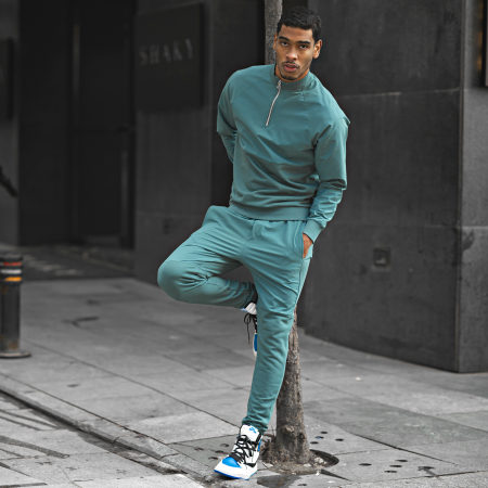 Ikao - LL497 Set di pantaloni da jogging e felpa con collo a zip verde e blu