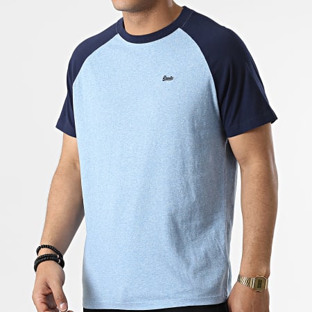 Superdry - Tee Shirt Raglan Vintage Baseball Bleu Clair Chiné Bleu Marine