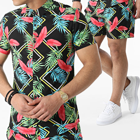 Zayne Paris  - KD736 Set di camicia a maniche corte e pantaloncini da jogging con motivo floreale nero