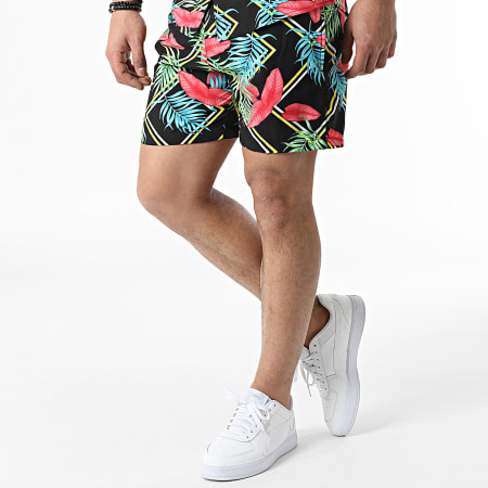 Zayne Paris  - KD736 Set di camicia a maniche corte e pantaloncini da jogging con motivo floreale nero