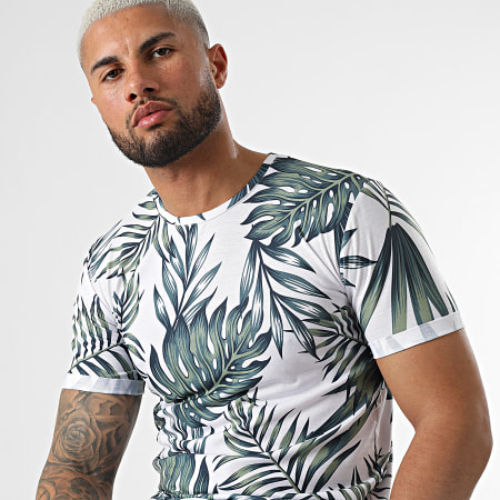 LBO - Tee Shirt Oversize Imprimé Avec Revers 2433 Tropical Blanc Vert