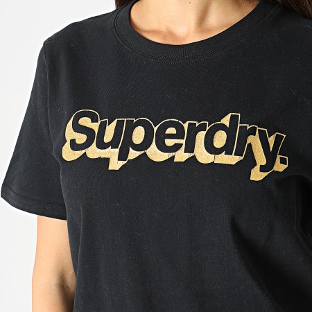 Superdry - Tee Shirt Femme Vintage Classic Metallic Noir Doré